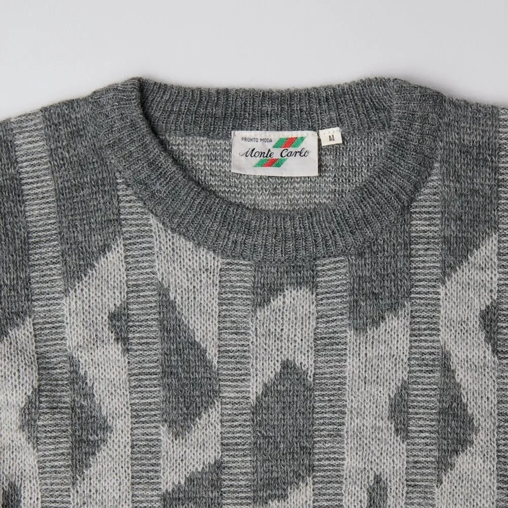 Vtg Monte Carlo Grandpa Sweater Men’s M Gray Geometric 3D Ribbed tight Knit